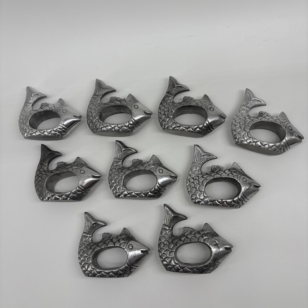 Pewter Silver Metal Fish Shaped Napkin Rings Nautical Coastal Set‎ of 9
